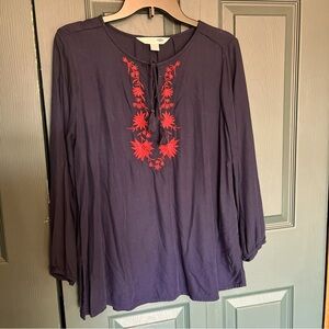 Old Navy NWOT medium Tunic Top Short Blouse Navy Blue Long Sleeved/Embroidered